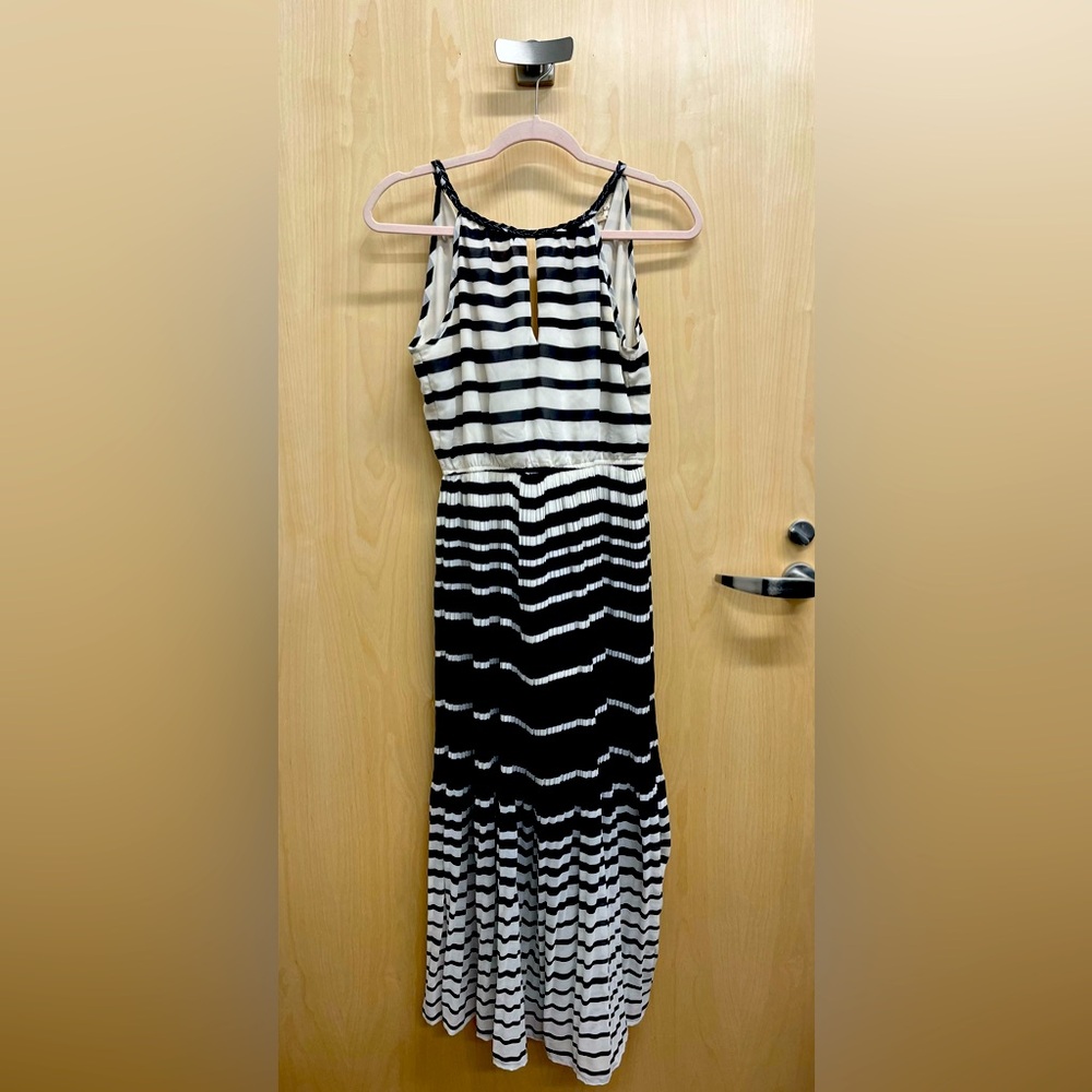 Navy and white striped adjustable halter maxi dress